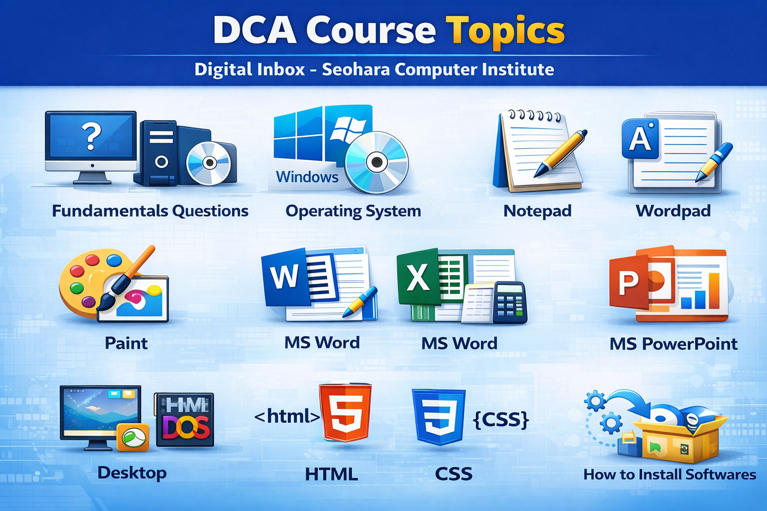 DCA Course Training at Digital Inbox Seohara Computer Institute with basic computer modules and software learning